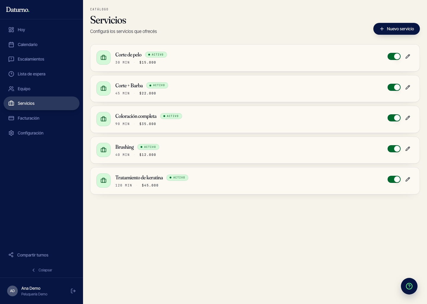 Vista del panel de administración de Daturno con catálogo, servicios y recursos configurados.